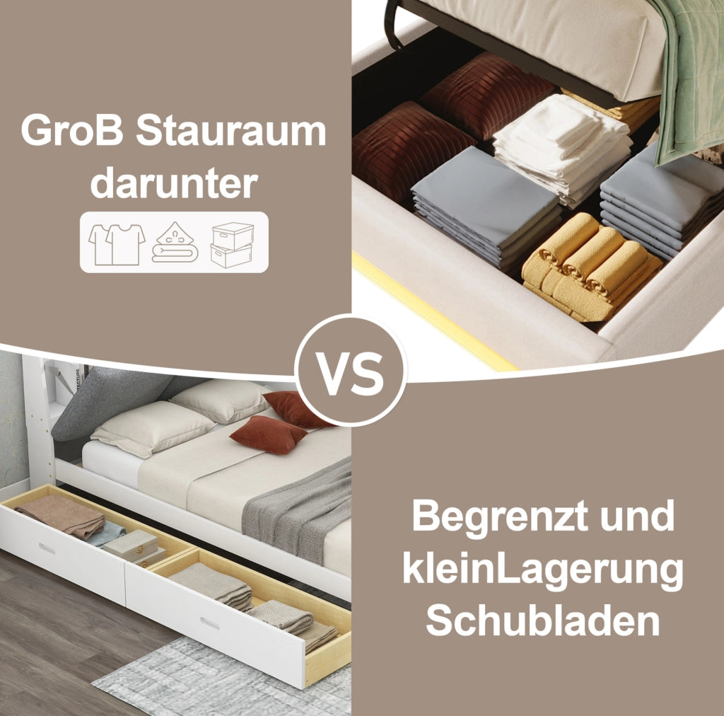 LETTO imbottito 90x200 cm in lino beige con LED, USB, Tipo-C e tasche laterali