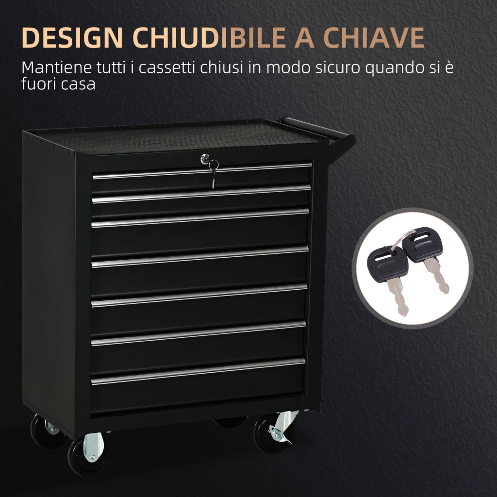 Carrello da Officina con 7 Cassetti, Serratura con Chiavi, Ruote e Maniglia, 69x33x75cm, Nero