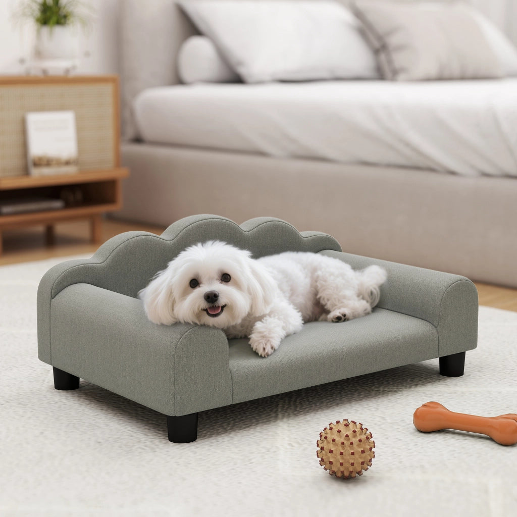 Divano per Cani con Braccioli di Supporto, in Legno e Tessuto French Terry, 66x42x28.5 cm, Grigio
