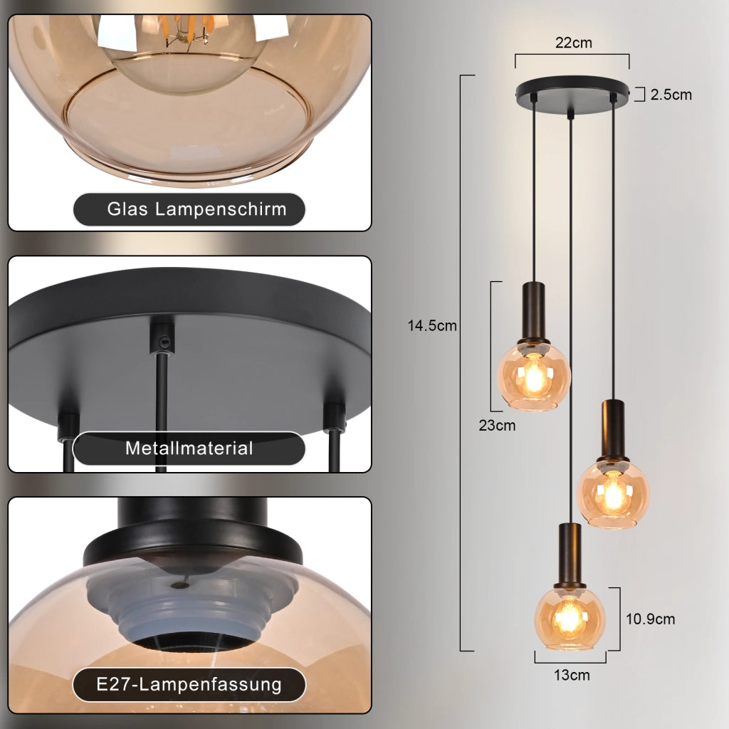ZMH Lampada a Sospensione 3 Luci Vetro Ambra Vintage Altezza Regolabile E27 per Sala da Pranzo Cucina Senza Lampadina