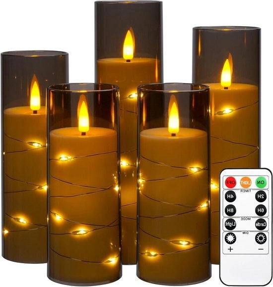 Set di candele LED con fiamma oscillante - candela a batterie con filo di luce inserito - 5 candele a fiamma spenta con telecomando - funzione timer - fiamma danzante