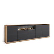 Credenza, Mobile, Cucina, 260x80x37 cm, 5 Porte, Camino elettrico, Nero e rovere