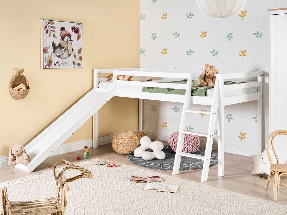 Letto a castello per bambini in legno con rete a doghe 90 x 200 cm con scivolo bianco per bambini