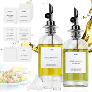 Due flaconi in vetro da 350 ml - Dispensatore di olio e sciroppo con 40 etichette - Flacone per peperoncino, miele, insalata, barbecue - Cucina grigia