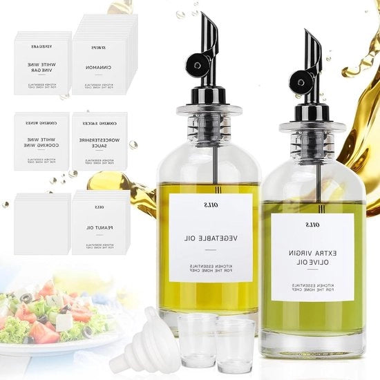 Due flaconi in vetro da 350 ml - Dispensatore di olio e sciroppo con 40 etichette - Flacone per peperoncino, miele, insalata, barbecue - Cucina grigia