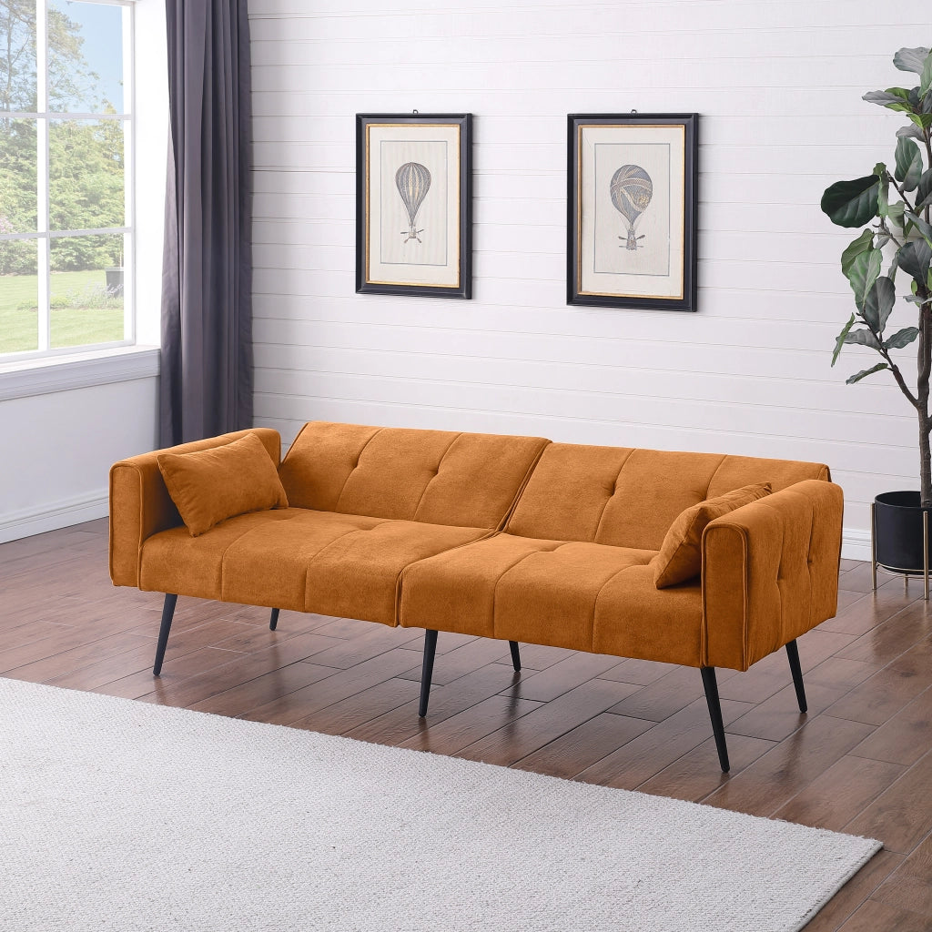 Divano letto futon pieghevole con struttura in legno e piedi in metallo in tessuto a coste arancione per salotto e studio