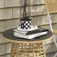 Tavolino da Giardino Rotondo in Resina Effetto Rattan, Metallo e Piano Composito, Ø45 x 50H cm,  Legno naturale