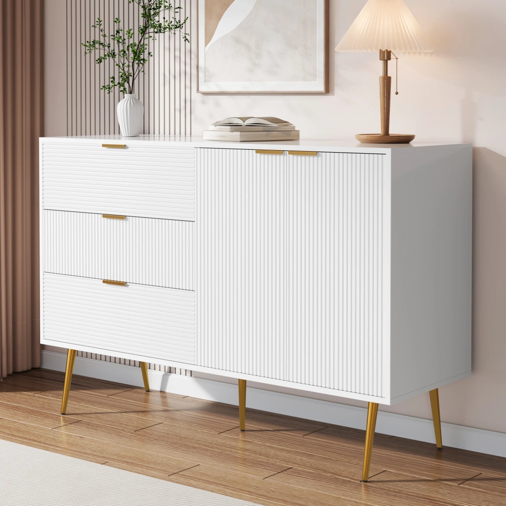 Credenza con 2 Ante; 3 Cassetti e Ripiani Interni; Motivo Ondulato; Stile Moderno; in MDF; Bianco+Oro; 120??38??80;5 cm