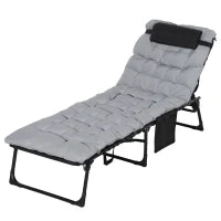 Lettino Prendisole Pieghevole con Cuscino, Poggiatesta e Tasca Laterale, 58x189x32.5 cm, Grigio Chiaro