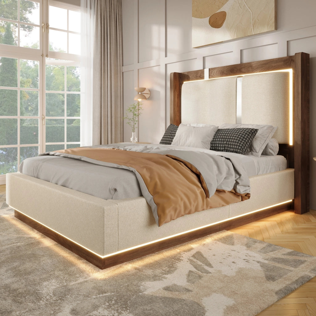 Letto singolo contenitore 90x200 cm con LED e rete a doghe in lino beige e noce HOMVRA
