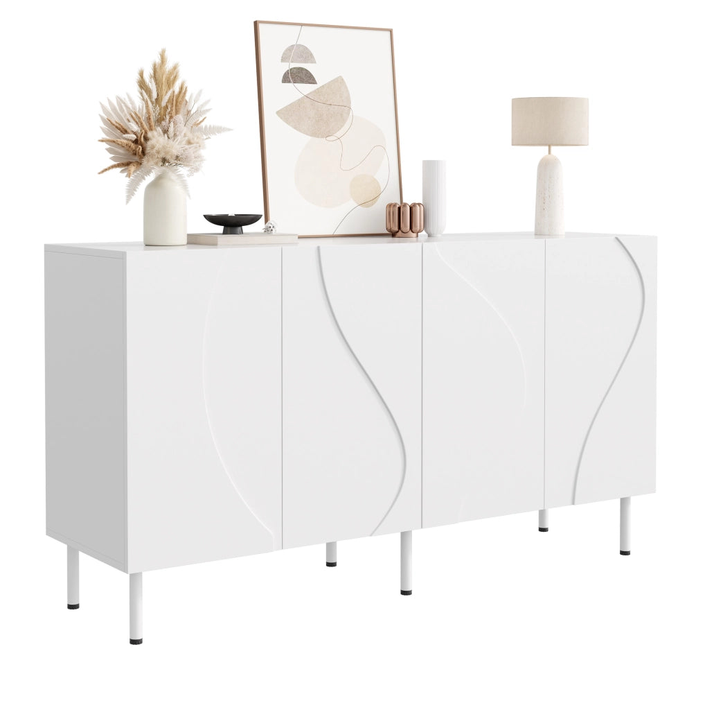 Sideboard moderno 140x40x77;5 cm con 4 ante; push-to-open; MDF e PB; bianco
