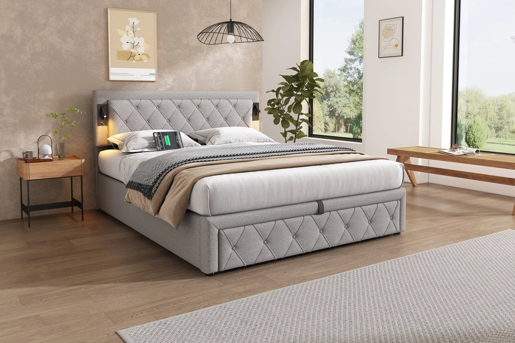 DESMIU Lit coffre 2 places avec LED, USB e contenitore, sans matelas, in lino, grigio