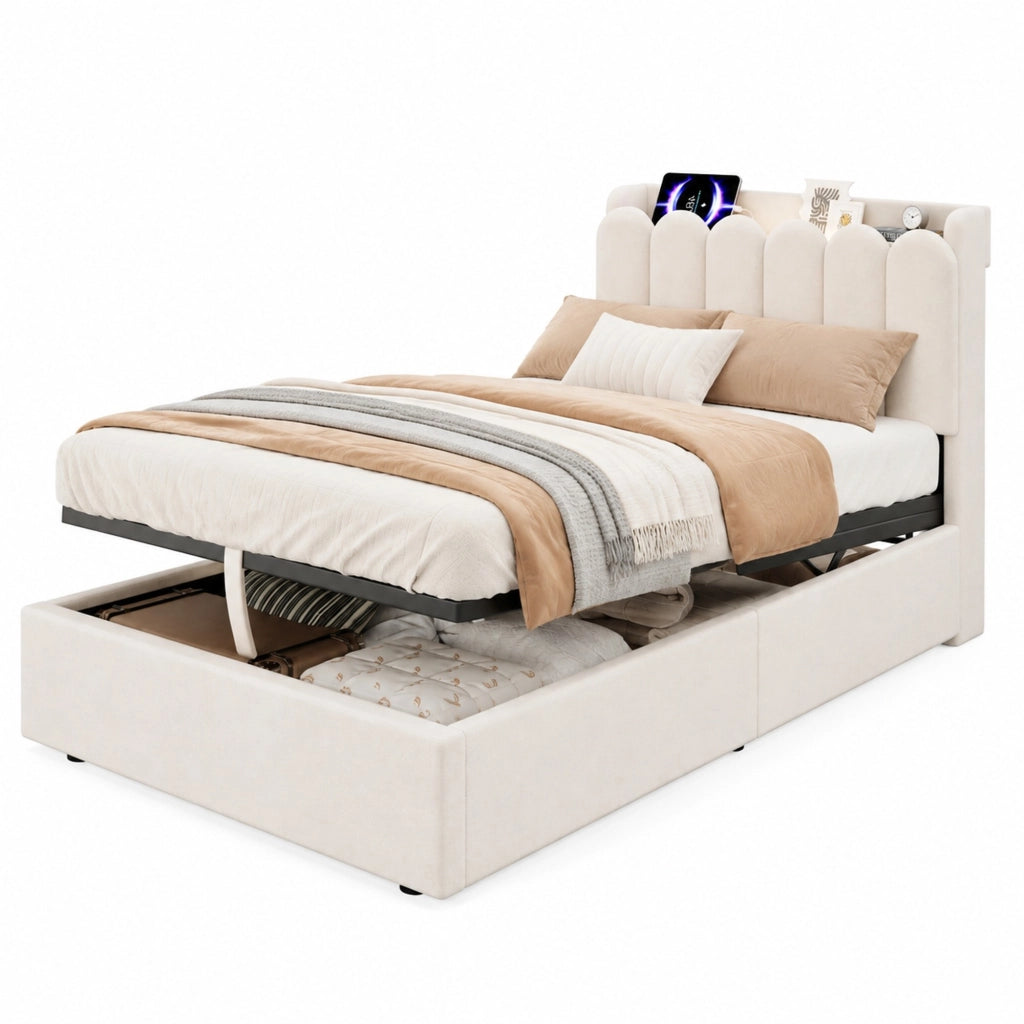 Letto singolo per bambini con contenitore idraulico, rete a doghe, testiera imbottita, porte USB e Type-C, velluto beige