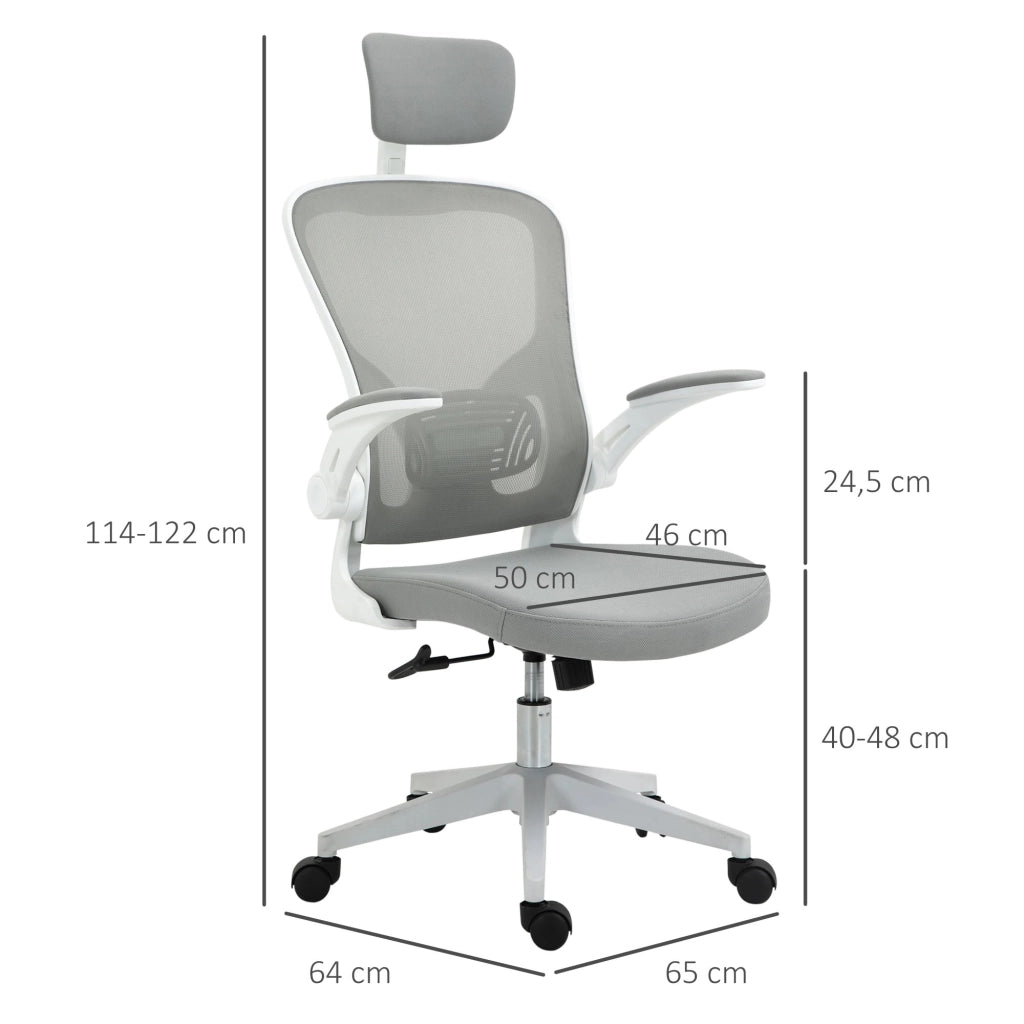 Sedia da ufficio ergonomica con poggiatesta e supporto lombare in plastica grigia 65 × 64 × 114-122 cm