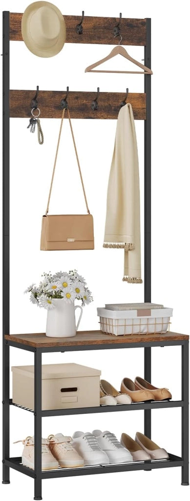 Appendiabiti Panca Porta Scarpe 3 in 1, Scaffale per Scarpe a 2 Livelli con Sedile e 7 Ganci, per Corridoio/Ingresso, Metallo + Legno Ingegnerizzato, Nero + Marrone Rustico, 60x31,5x170cm