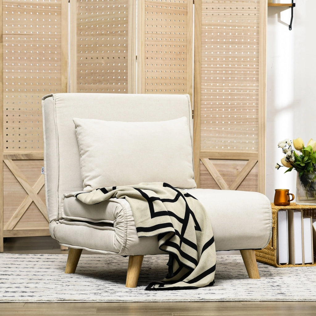 Poltrona Letto Singolo Reclinabile 72x78x79 cm con Cuscino in Tessuto Effetto Lino Beige