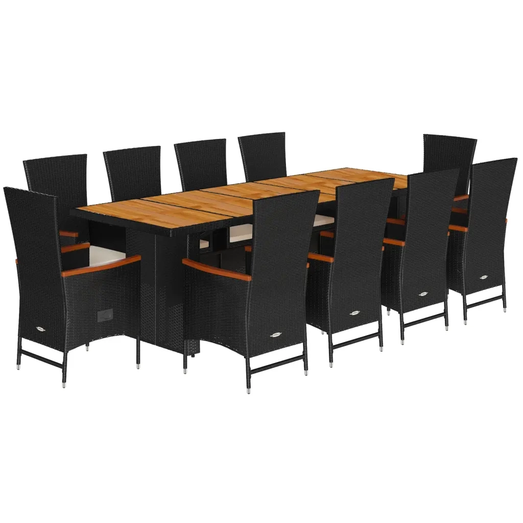 Set da Pranzo da Giardino 11 pz con Cuscini in Polyrattan Nero
