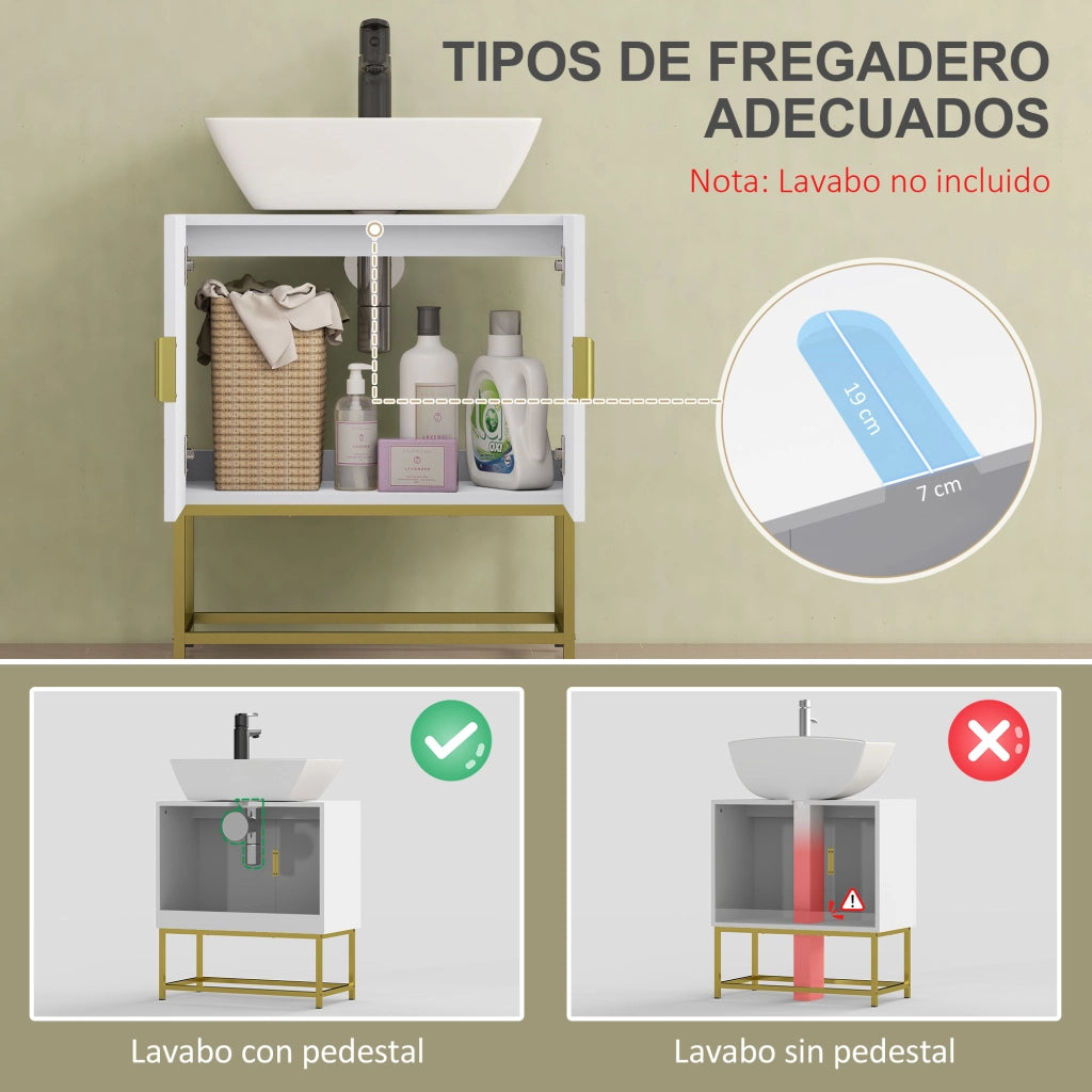 Mobiletto Sottolavabo con 2 Ante e Gambe Acciaio ¨C Minimal ¨C 60x30x65 cm Bianco Dorato