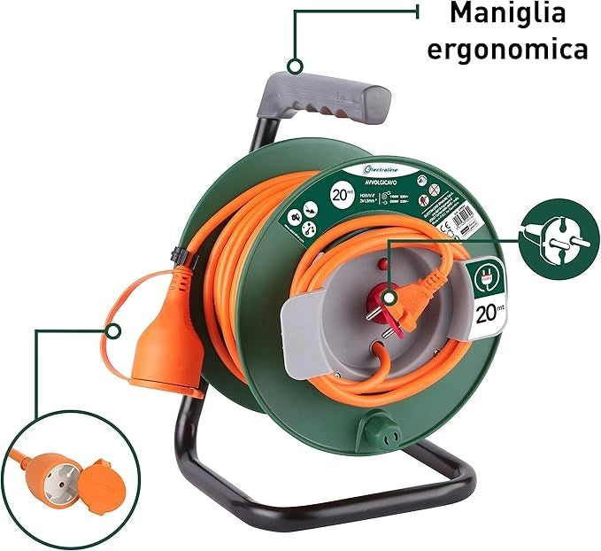 PROLUNGA AVVOLGICAVO DA GIARDINO MT.20 CON SPINA E PRESA EUROPEA