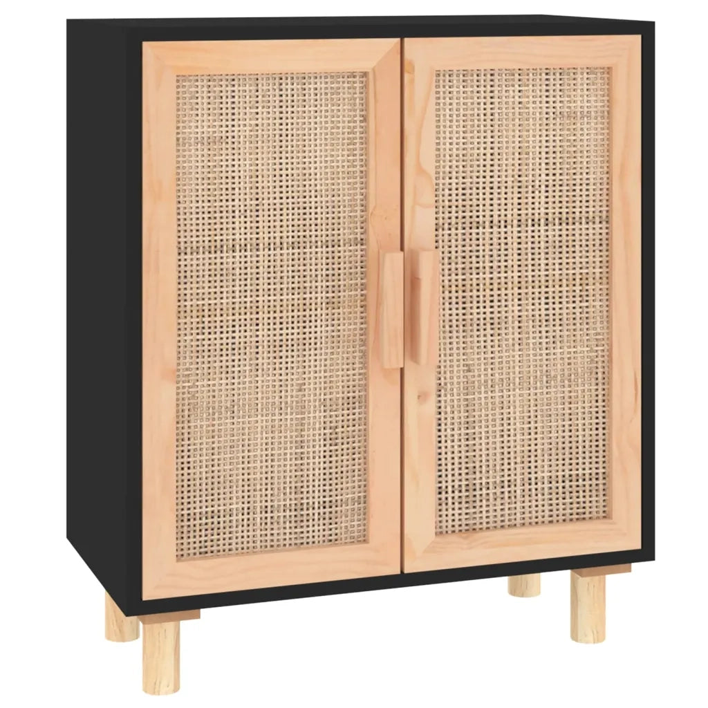Credenza Nera 60x30x70 cm Legno Massello Pino e Rattan Naturale cod mxl 23466