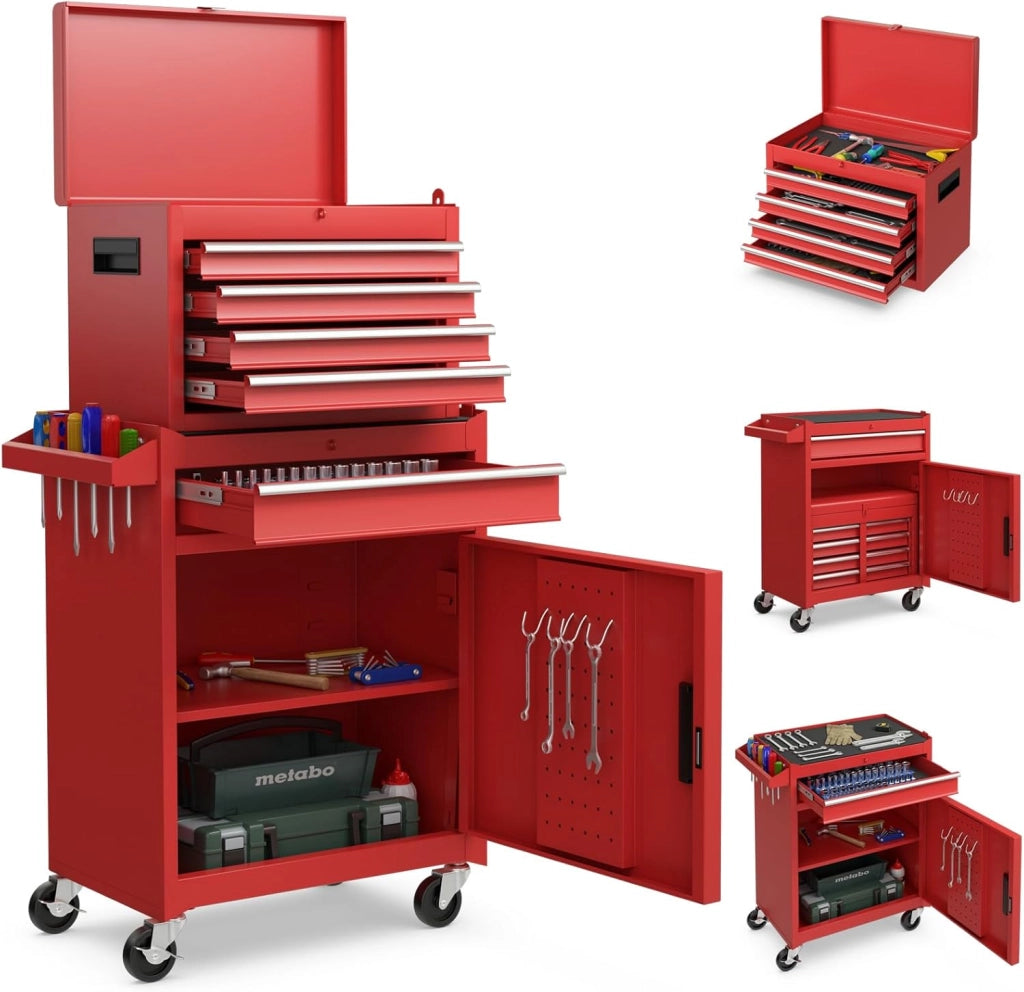 Cassettiera Portautensili a 4 Cassetti, Carrello per Attrezzi con Ruote Bloccabili Ripiano Regolabile e Rivestimento Antiscivolo, 59 x 28 x 102 cm (Rosso)