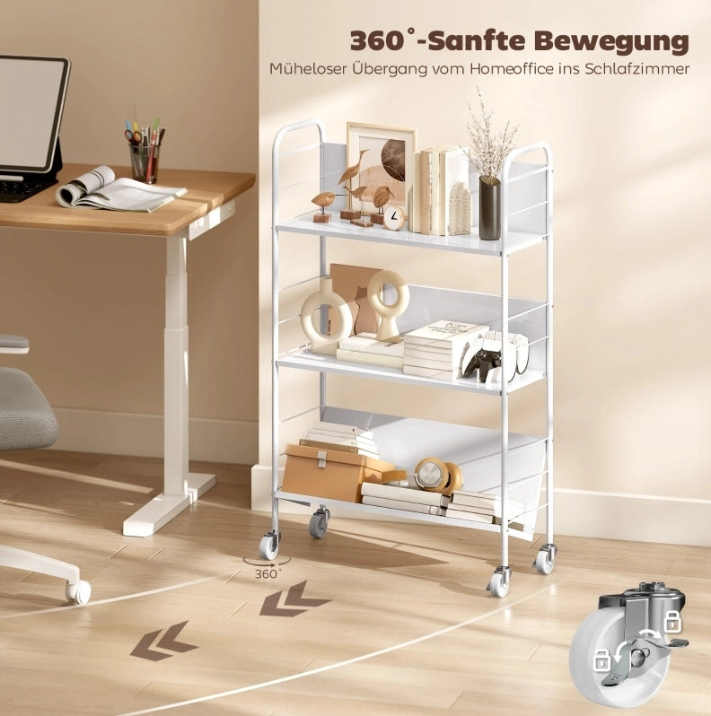 Libreria bianca 69x26x108 cm a 3 ripiani con ruote, struttura in metallo,