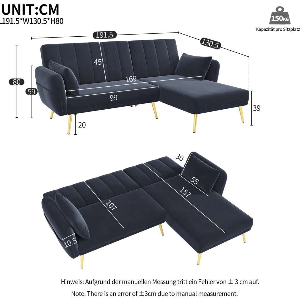 Divano angolare multifunzione con chaise longue reversibile; schienale regolabile; nero