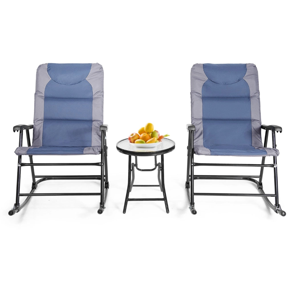 Set di 3 mobili pieghevoli da esterno per cortile spiaggia piscina, Sedie con tavolino da caff¨¨ in vetro Blu-Set mobili da esterno