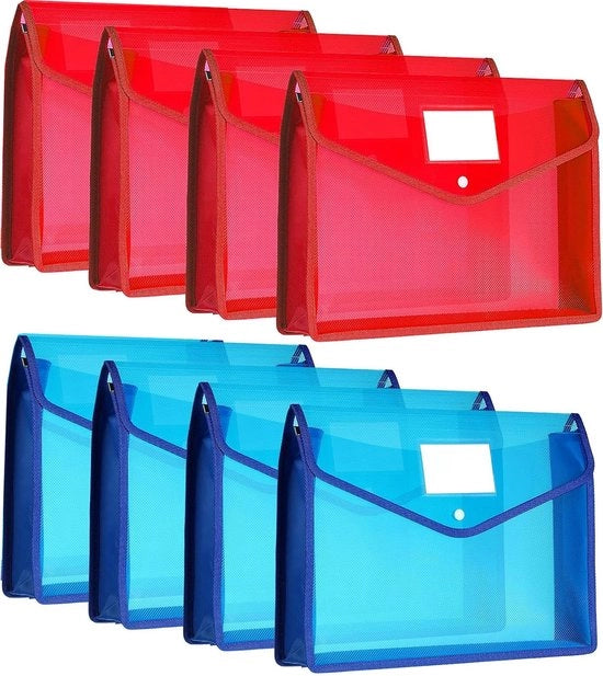 Confezione da 8 borse documentarie A4, cartellino documenti con chiusura a cerniera, borsa documenti in plastica, impermeabile, trasparente, per scuola, ufficio, conservazione di ricevute, conservazione di compiti, blu e rosso.