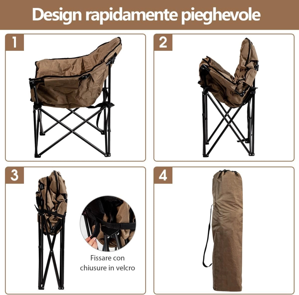 Sedia da Campeggio Pieghevole, Poltrona da Esterno con Portabicchiere, Sedia Imbottita per Campeggio Giardino Pesca, Portata 135 kg (Marrone)
