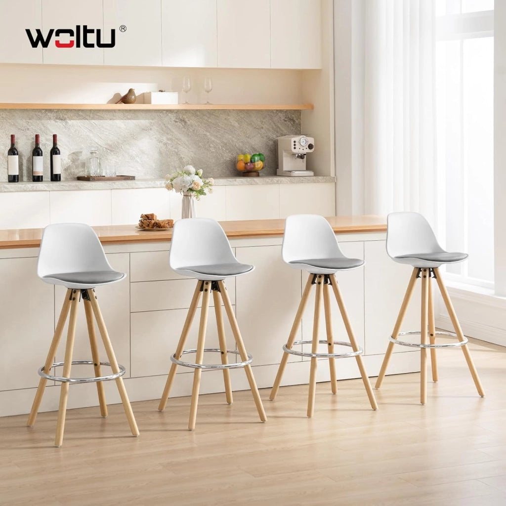 Sgabello da Bar Sedia Cucina in PU Gambe Legno Schienale di Plastica, Grigio-Bianco