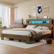 Letto matrimoniale multifunzione 180x200 cm in legno; con testiera contenitore; LED e prese