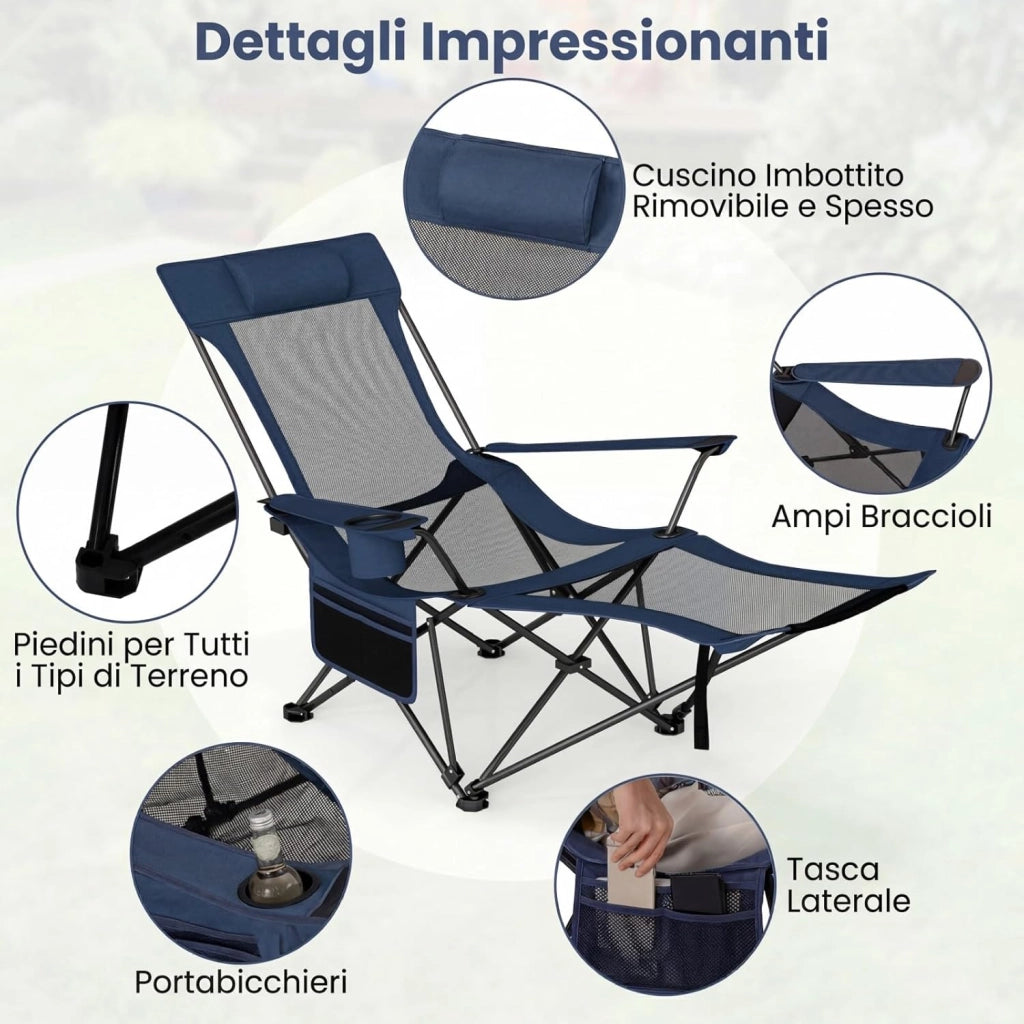 Sedia da Campeggio con Poggiapiedi Rimovibile, Poltrona Pieghevole con Schinale Reclinabile, Braccioli e Portabicchieri, Portata 150 kg, Sdraio in Testtuto Oxford per Giardino Spiaggia (Blu)