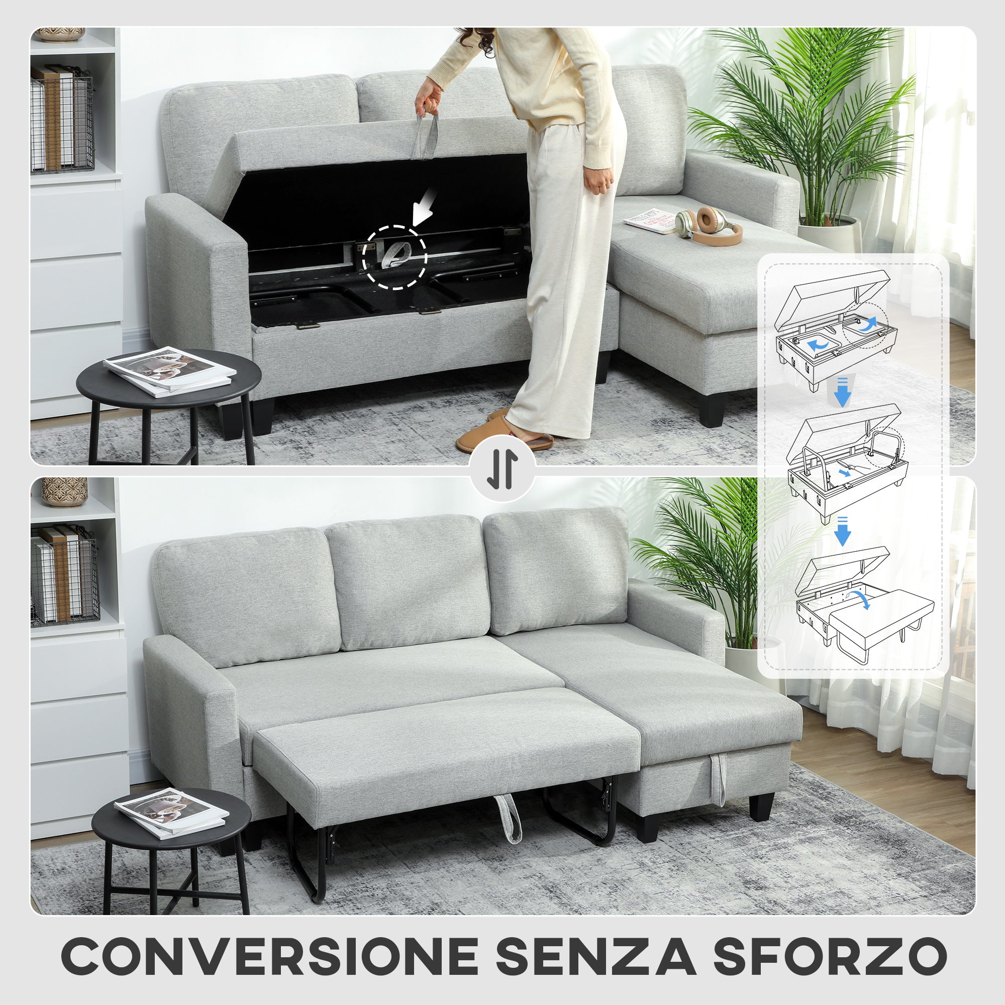 Divano Letto 3 Posti 197x129x85 cm con Chaise e Spazio Contenitore in Tessuto Effetto Lino Grigio e Nero