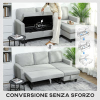 Divano Letto 3 Posti 197x129x85 cm con Chaise e Spazio Contenitore in Tessuto Effetto Lino Grigio e Nero