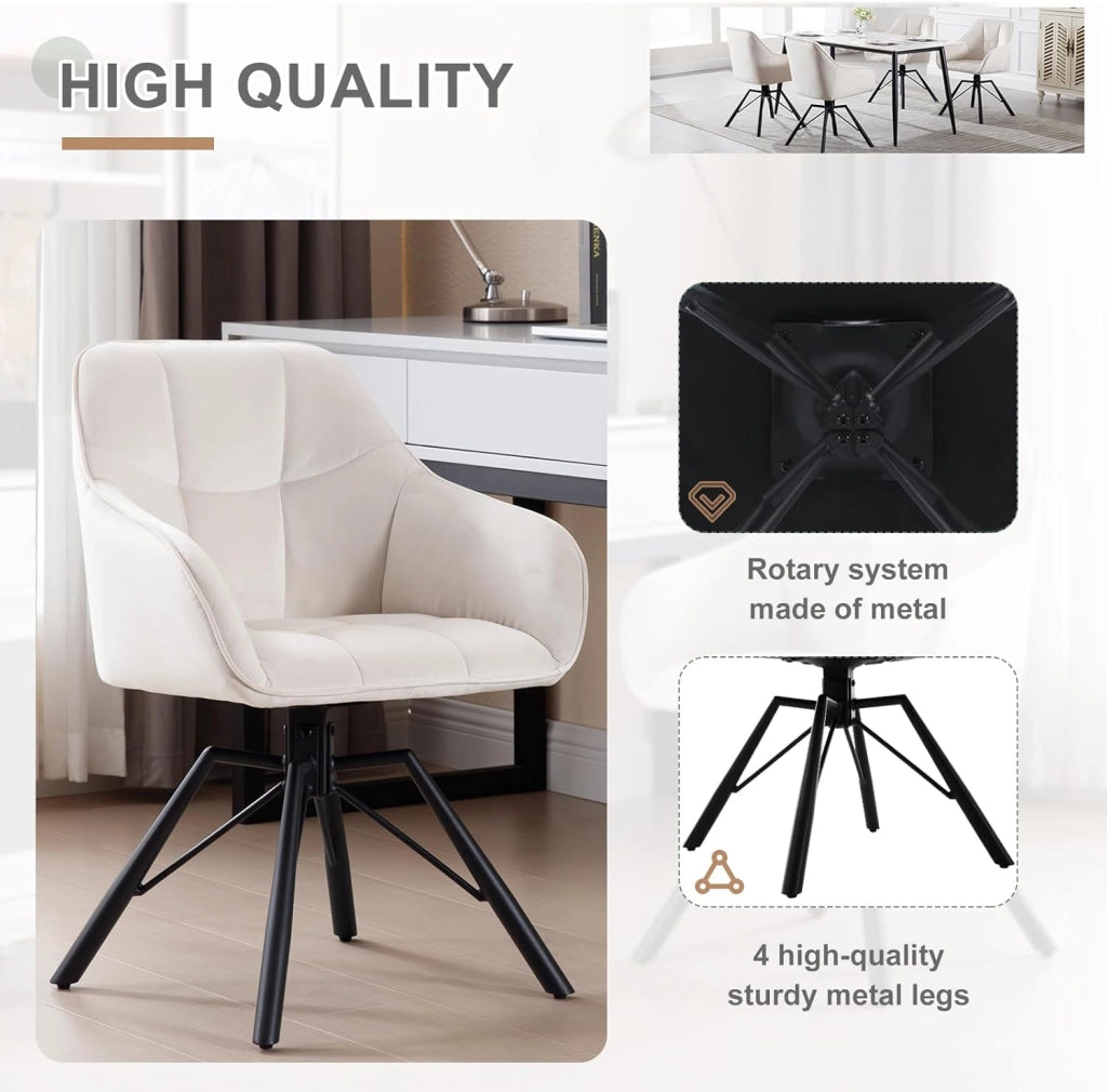 Sedia per Sala da Pranzo Girevole a 360°, Sedia da Cucina Imbottita con Gambe in Metallo, Poltroncina in Velluto per Camera da Letto, Soggiorno, Crema, BH365cm-1