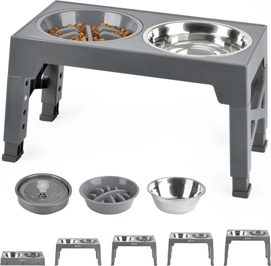 Ciotola per Cani Elevata - 1 Carico in Acciaio Inox - Antischocchi - Ciotola Antileak - Regolabile 5 Altezze - Ortopedico
