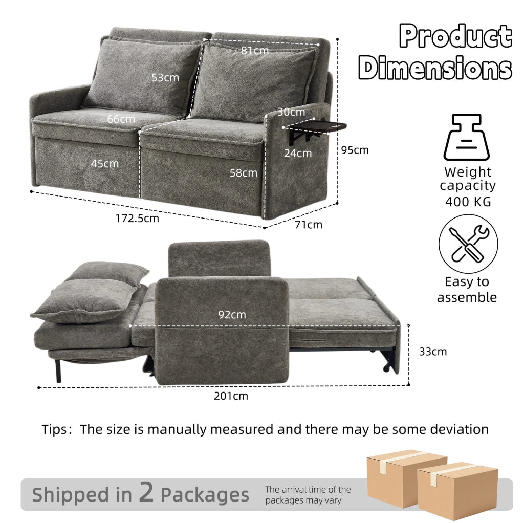 Divano letto 172，5x71x95 cm in ciniglia grigia con USB e contenitore