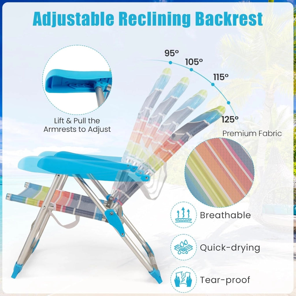 Set di 2 Sedie da Spiaggia Pieghevoli, Spiaggina con Schienale Regolabile in 5 Posizioni, Sdraio Reclinabile con Cinghia di Trasporto, Lettino Prendisole, Carico 150kg, Colorato (Medio)