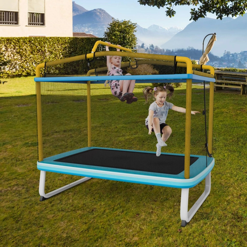 Trampolino per Bambini 3-8 Anni, Tappeto Elastico Bambini 3 in 1 con Altalena Rimovibile e Barra Orizzontale, Saltarello da Esterno e Interno, Portato 110 kg, 190 x 124 x 172 cm
