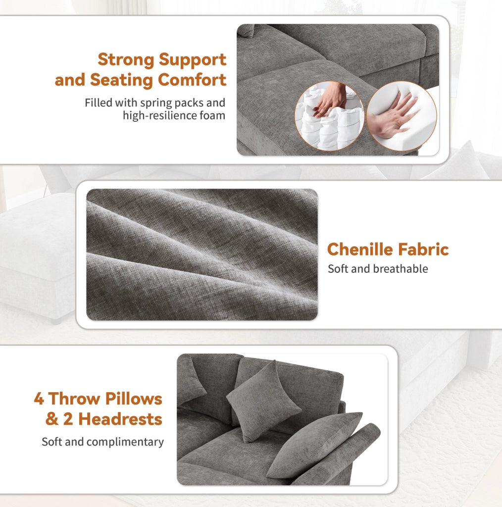 Sofa modulare ad angolo a forma di U/L in tessuto chenille grigio con 2 pouf e 6 cuscini
