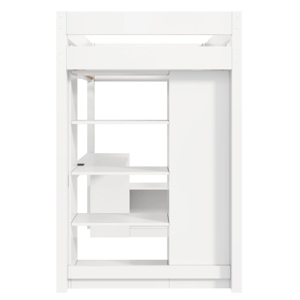 Letto a soppalco bianco 90 x 200 cm con armadio, scrivania e LED