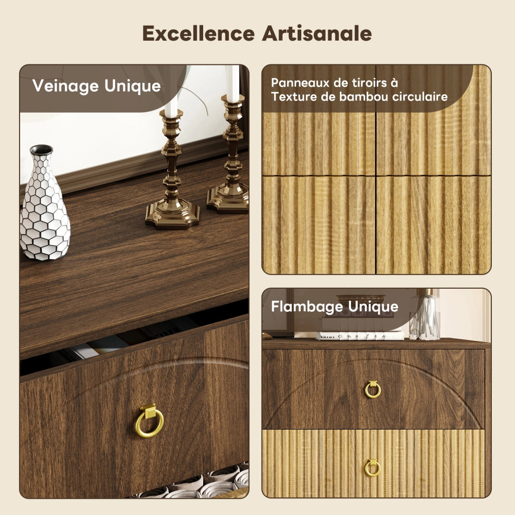 Credenza con 6 Cassetti; Maniglie ad Anello in Metallo Dorato; Stile Vintage; in MDF; 120??40??81 cm; Naturale