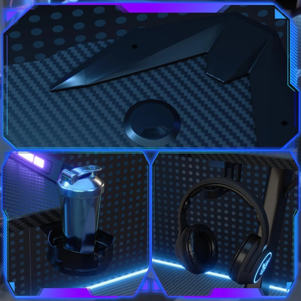 140 x 60cm Scrivania Gaming LED, Tavolo Gaming Ergonomica, Scrivania per Computer con Porta Bicchiere e Ganci per Cuffie, Postazione con Piano del Tavolo in Fibra di Carbonio, Nero