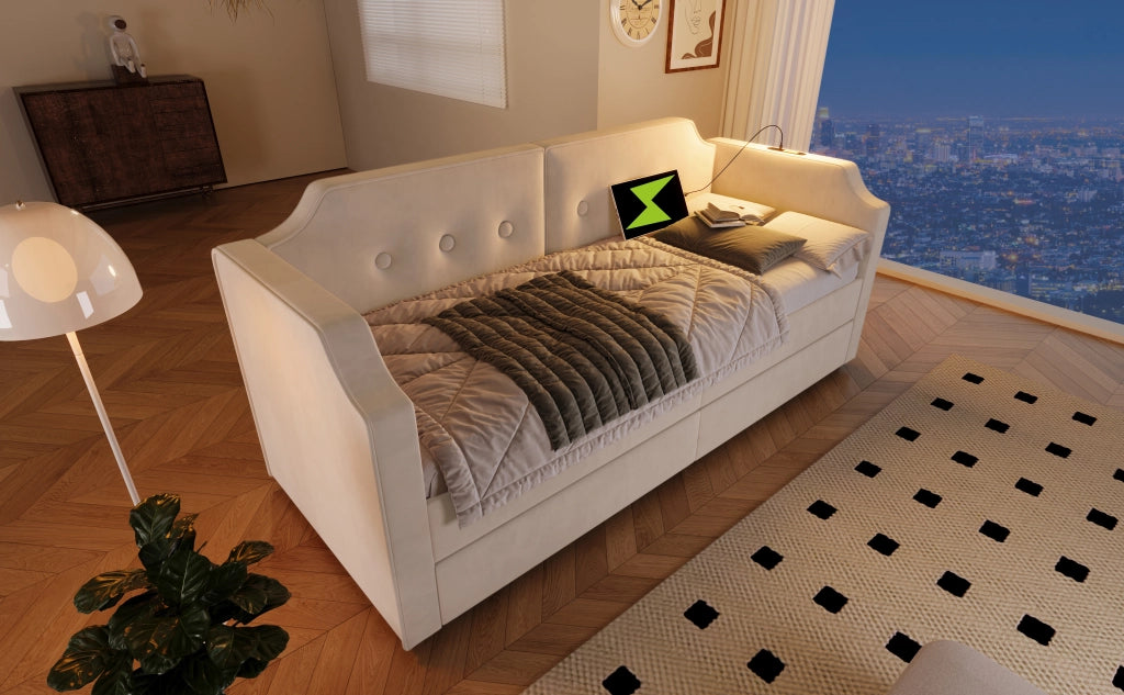 DESMIU Letto divano 90 × 200 cm 1 posto con 2 cassetti, USB Type-C e lampada da lettura, senza materasso, beige