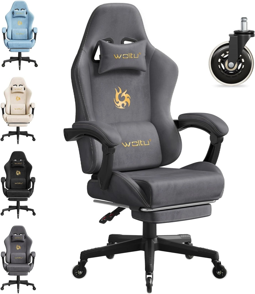 Sedia da gaming, Sedia Gaming Ergonomica con Ruote Silenziose, Altezza e Inclinazione Regolabile, con Braccioli Sincronizzati e Poggiapiedi, in Tessuto Scamosciato, Grigio