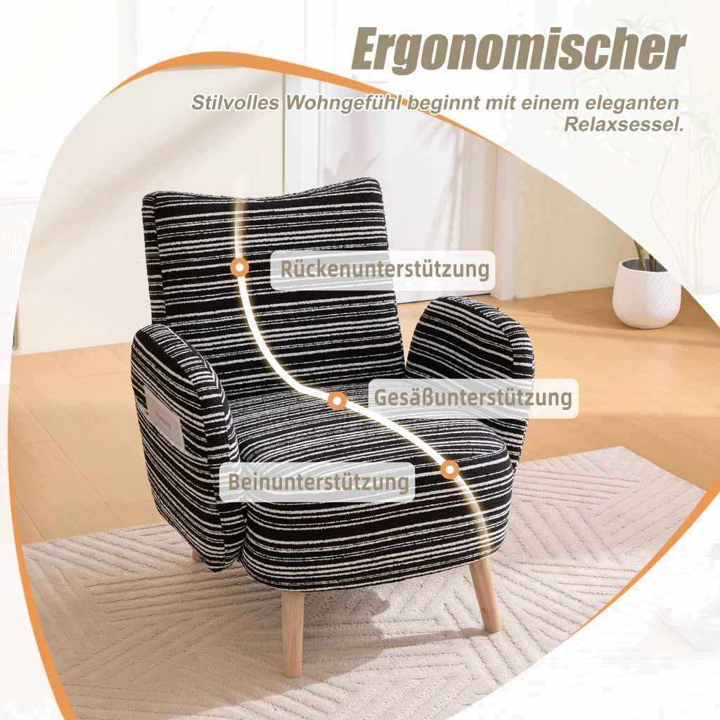 OKWISH Poltrona in Bouclé con Schienale Ergonomico, Tasca Laterale e Gambe in Legno Massello, Nera, 77 x 81 x 87 cm
