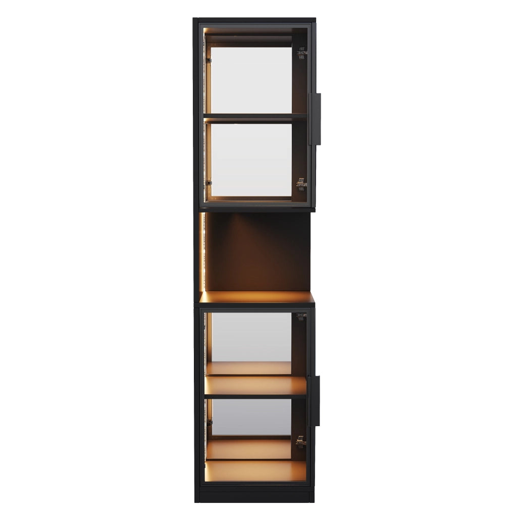 Vetrina con LED, 2 ante in vetro, specchio posteriore e vano aperto, per soggiorno, in truciolare, nero, 42 × 44 × 205 cm