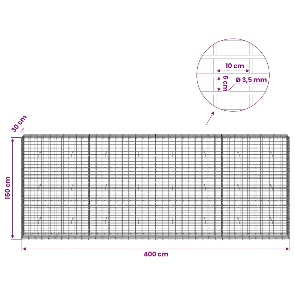 Gabione con Filo da 3,5 mm e Rete da 5x10 cm 400x30x150 cm 3462746