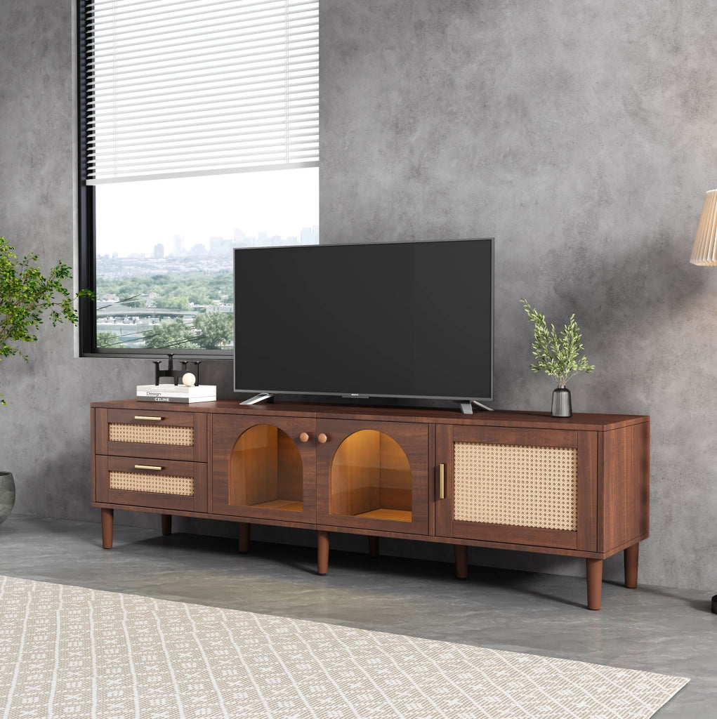 Mobile TV 180x40x50 cm con 2 cassetti in rattan e illuminazione LED in pannello truciolare marrone